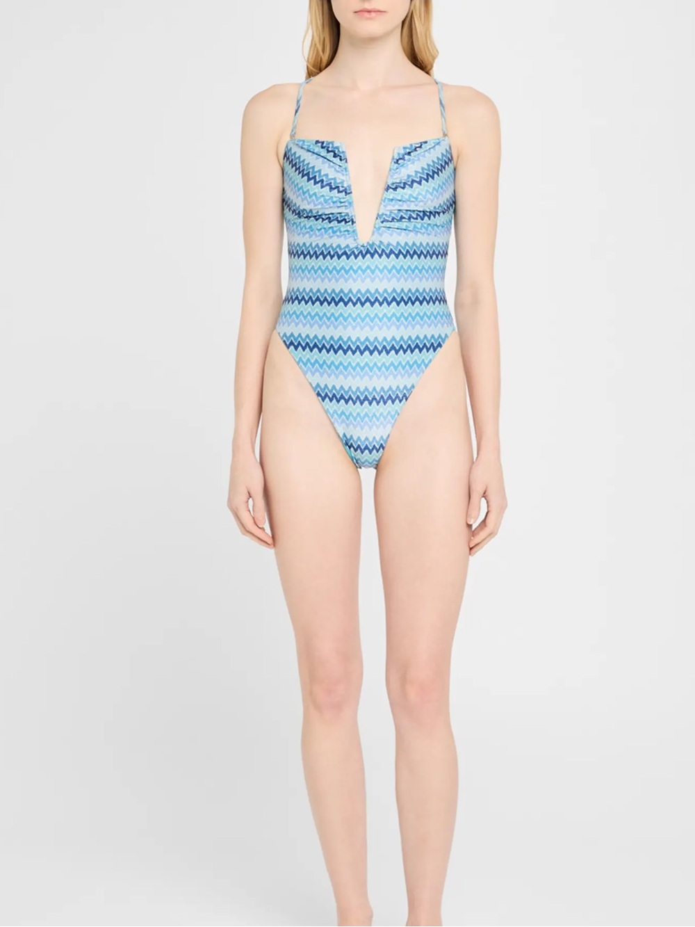Ramy Brook Blue Zigzag Plunge One-Piece Swimsuit
